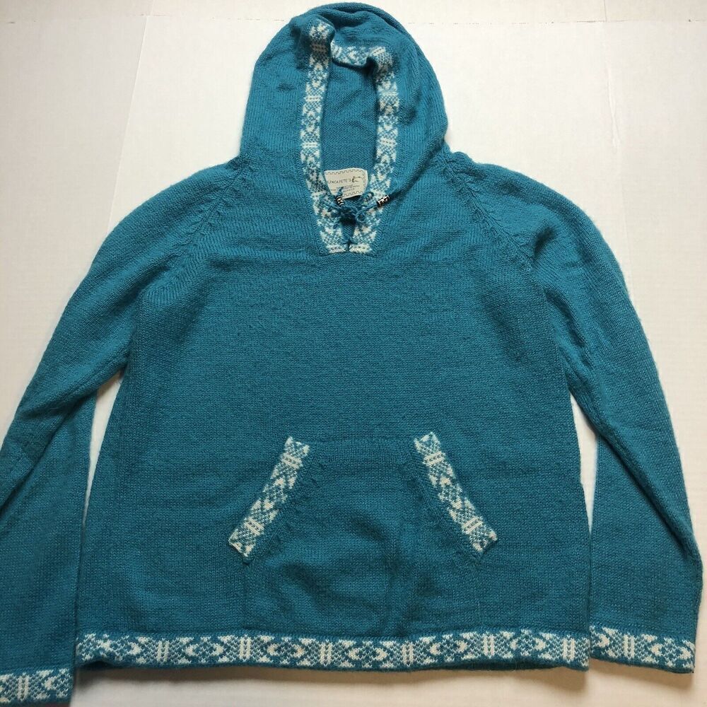Alpaca Pete’s Blue Pullover Hooded Sweater Snowflake Women’s Sz M Peru A1023